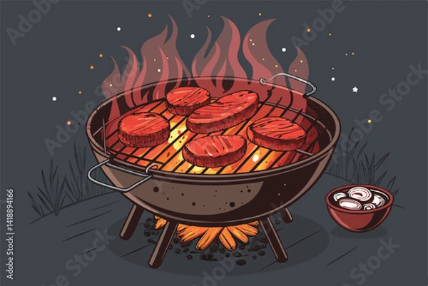 Fototapeta A large charcoal BBQ pit overflowing with various meats – ribs, sausages, chicken – roasting over hot coals, smoke billowing.