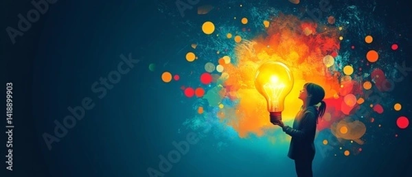 Fototapeta Colorful educational advertisement with a young learner holding a glowing lightbulb, imagination and ideas bursting from the mind, generative AI illustration