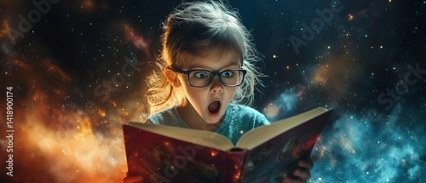 Fototapeta Excited child with a shocked face reading an epic adventure, colorful book pages flowing out into a fantastical world, dreamy background, generative AI image