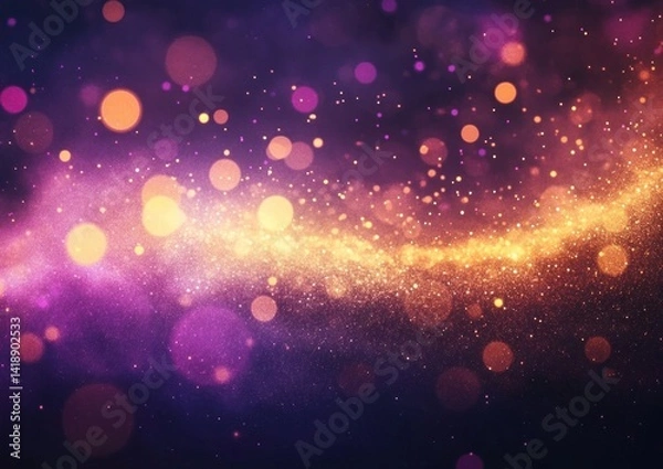 Fototapeta Magical bokeh background with golden purple hues and glowing light particles in dreamy festive atmosphere