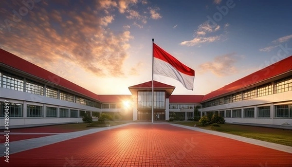 Fototapeta A sunrise over a school building with the Indonesian flag waving in front, symbolizing a new day for education