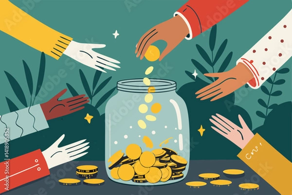 Fototapeta Illustrative scene of diverse hands dropping coins into a transparent crowdfunding jar, symbolizing collective donation and financial support.