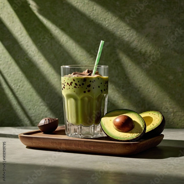 Obraz generative ai, A glass of thick and smooth avocado juice served cold, with a tempting soft green color. On top, sweet chocolate sauce flows slowly, forming an appetizing pattern. Ice cubes that are st