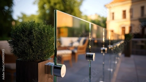 Fototapeta Outdoor glass railing, patio furniture, garden, sunset view