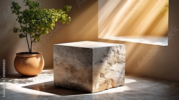 Fototapeta Minimalist scene with a stone cube, potted plant, sunlight, and serene atmosphere