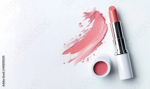 Fototapeta A vibrant pink lipstick rests against a white background, showcasing its broken stick and soft pastel smudges of red and purple 