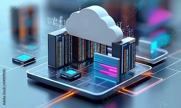 Fototapeta A infographic that represents the transfer of a server from one data center to another to support real world operations cloud computing , 