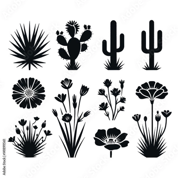Obraz Silhouette vector logo set of desert flowers including cactus flower, agave bloom, yucca flower, desert marigold, and prickly poppy in black on white background, minimalist icon logo style 