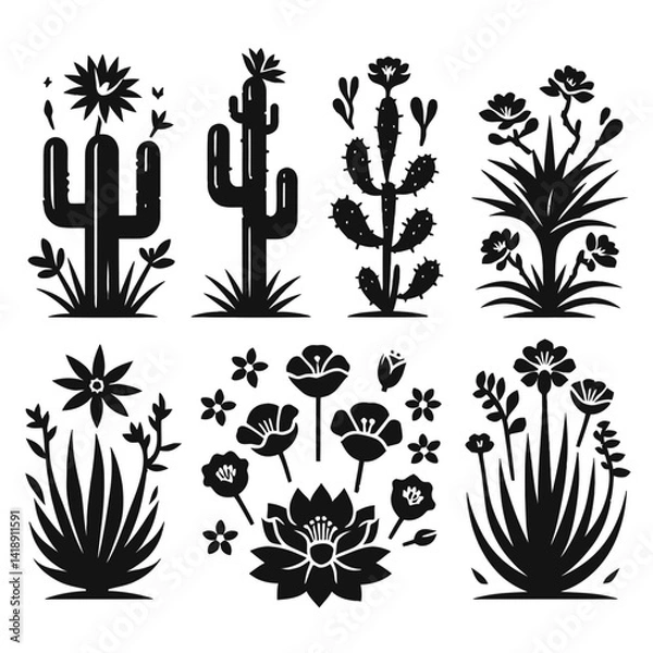 Obraz Silhouette vector logo set of desert flowers including cactus flower, agave bloom, yucca flower, desert marigold, and prickly poppy in black on white background, minimalist icon logo style 