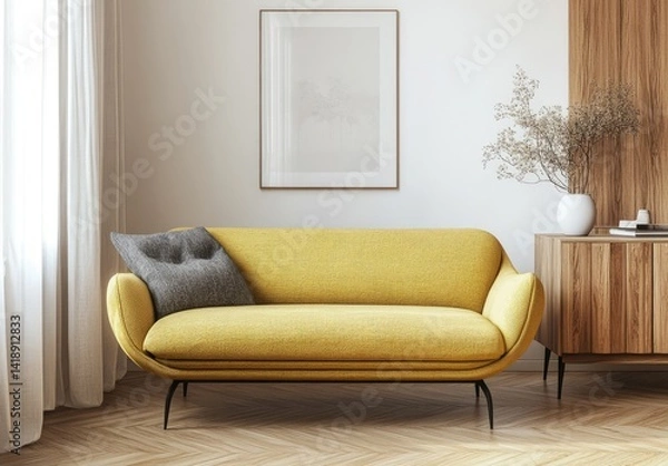Fototapeta Modern living room with yellow sofa.  A cozy, stylish interior featuring a mustard-yellow sofa,  neutral walls, and a wooden cabinet.  A framed artwork hangs on the wall.  Natural light streams in