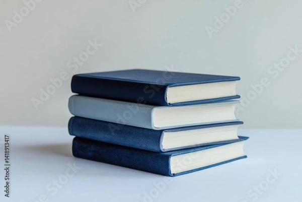 Obraz Stack of four hardcover books in varying shades of blue, arranged neatly on a white surface.
