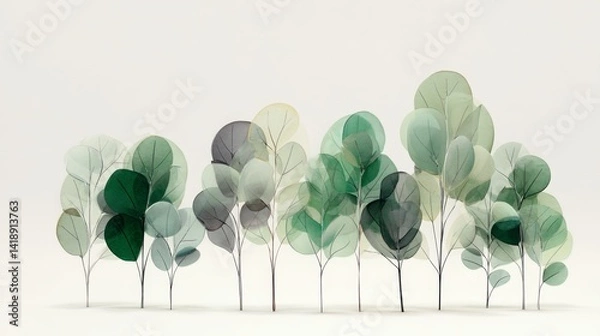 Fototapeta Subdued 3D Watercolor Trees with Translucent Leaf Designs