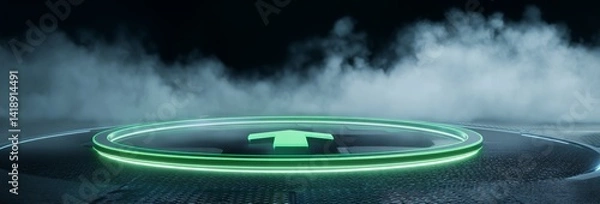 Fototapeta Futuristic Green Arrow Floating Above a Hovering Platform Scene