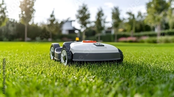 Fototapeta A close up view of the smooth sturdy wheels of an eco friendly electric lawn mower rolling effortlessly over a vibrant carpet of freshly cut grass