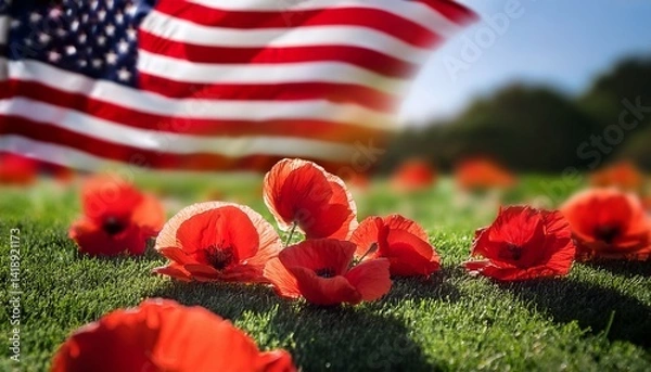 Fototapeta A close-up of red poppies scattered on a green lawn, with an American flag in the background, softly blowing in the wind