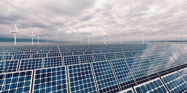 Obraz 3D rendering of renewable energy farm with solar panels and wind turbines..