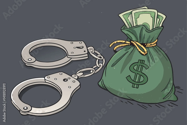 Fototapeta Create a striking illustration depicting a pair of handcuffs entwined with a money bag overflowing with cash.  Focus on the juxtaposition of security and wealth.