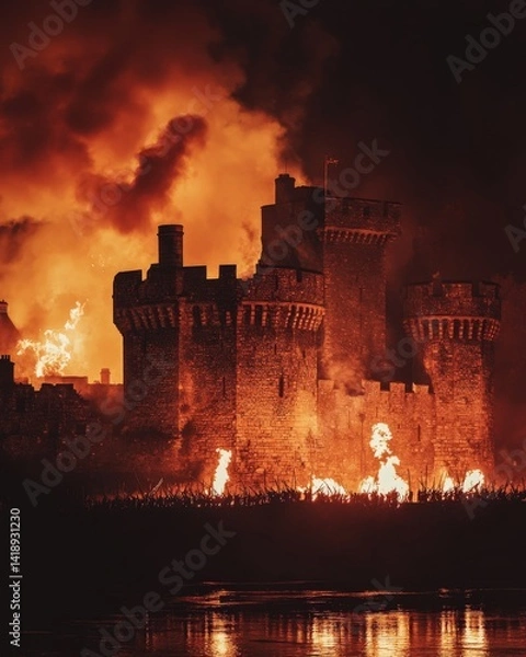 Fototapeta A dramatic scene unfolds as flames engulf a medieval castle. The fire illuminates the night sky. A captivating blend of history and chaos. Generative AI