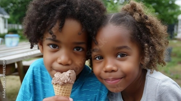 Obraz Two young children are smiling and holding an ice cream cone