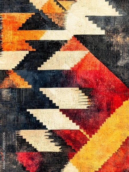 Fototapeta Cheerful Aztec-style geometric stair patterns bring a vivid flair to this trendy studio arrangement, where