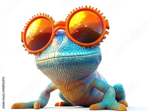 Fototapeta Colorful chameleon with oversized orange sunglasses in hyper-realistic style on white background