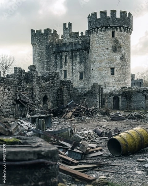 Fototapeta A haunting view of an old castle surrounded by ruins. The dramatic clouds add to the mysterious atmosphere. Hope fades but stories remain. Generative AI