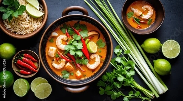 Fototapeta A vibrant bowl of Thai tom yum soup with prawns, tofu, red chili peppers, and fresh herbs, surrounded by lime and ingredients on a dark background