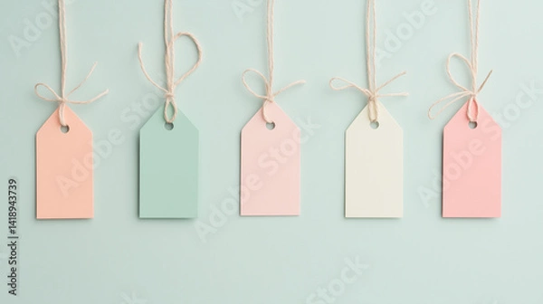 Fototapeta Colorful blank gift tags hanging on a pastel background