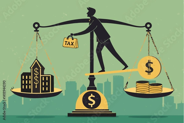 Fototapeta A person skillfully balances icons representing tax burdens and spending on an old-fashioned scale, illustrating financial equilibrium.