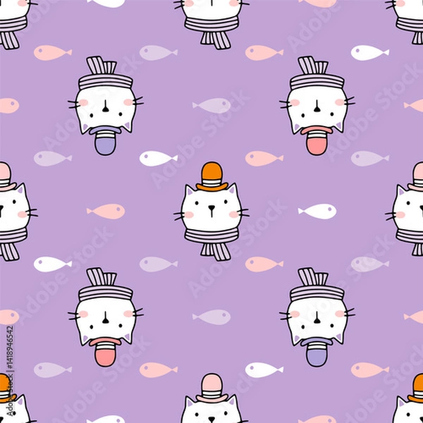 Fototapeta Cute seamless vector pattern featuring cartoon cats with playful expressions and colorful fish on a purple background. Perfect for children's designs, textiles, or digital projects
