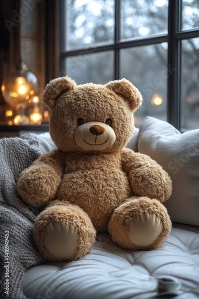 Fototapeta Happy mature woman relaxing on white sofa with large teddy bear enjoying coffee in cozy home with warm natural light and soft bokeh background