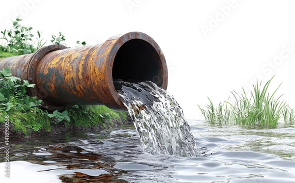 Fototapeta rusty pipe pouring water into river isolated on transparent background