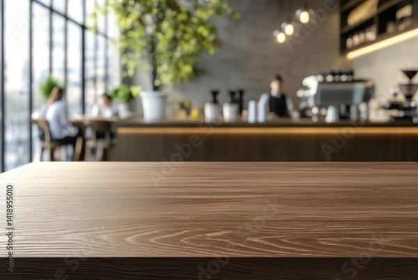 Fototapeta Empty wooden table in a cafe. Blurred background of a modern coffee shop with people, plants, and bar area