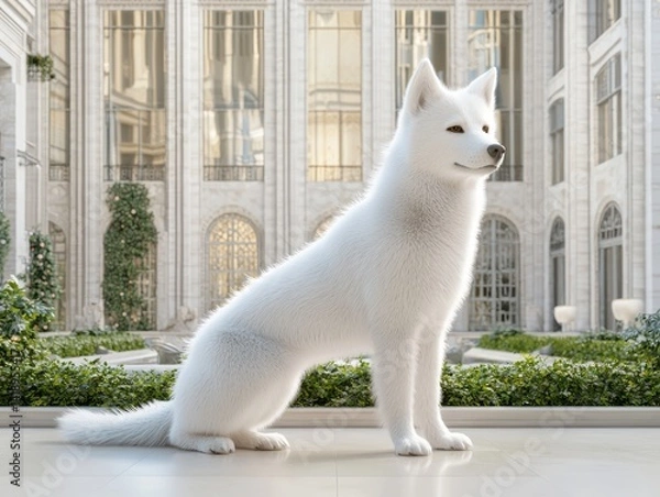 Fototapeta Dog training session sit and stay practice luxurious courtyard high-quality render bright environment close-up perspective