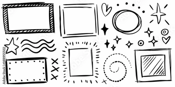 Obraz Hand Drawn Sketchy Frames and Doodles Vector, Black and White Decorative Frame Icons, Doodle Borders and Elements Clipart, Scribble Style Rectangle Frames and Shapes, Artistic Black and White