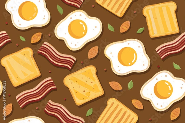 Fototapeta Create a vibrant, seamless pattern featuring sunny-side-up eggs, bacon, toast, and coffee cups, ideal for kitchen textiles or wrapping paper.