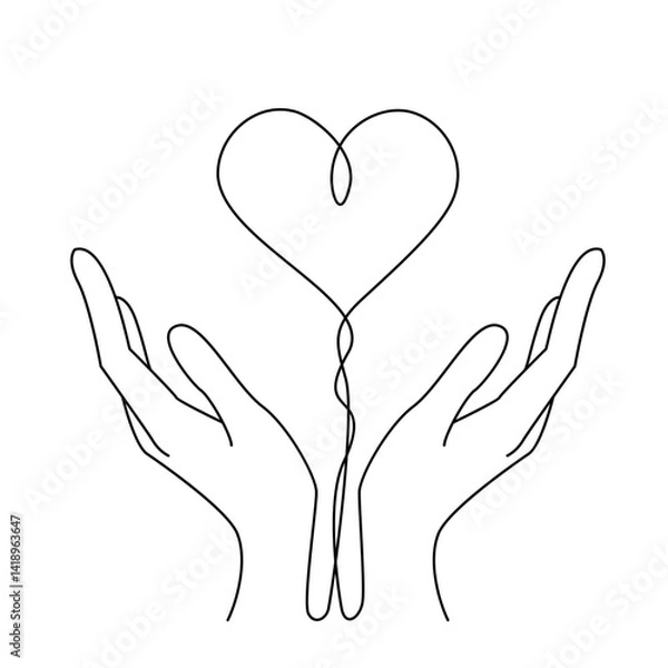 Fototapeta Heart in hands. continuous line vector drawing isolated on white background