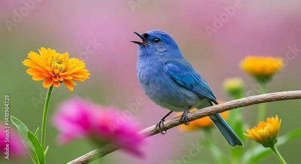 Fototapeta Singing Bird on Branch Among Colorful Flowers in a Meadow