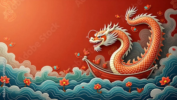 Fototapeta Explore Premium Digital Imagery of Iconic Dragon Boat Motifs: Symbolic Art Capturing Cultural Traditions and Artistic Ingenuity in Stock Photos with Refined Visuals and Space for Customization