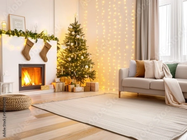 Fototapeta Cozy christmas living room decor home interior design festive environment warm viewpoint holiday concept