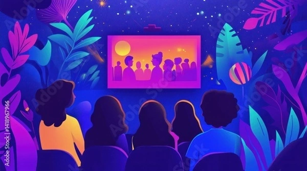 Obraz People watching a vibrant sunset movie scene projected on a screen surrounded by lush tropical plants under a starry night sky.