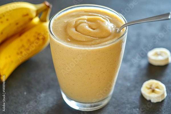 Fototapeta Thick banana-coconut smoothie at the moment of stirring, when a spoon creates swirls on its surface