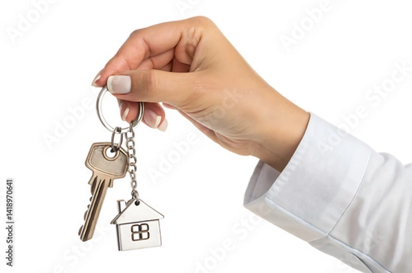 Fototapeta hand holding house keys with keychain isolated on white background PNG