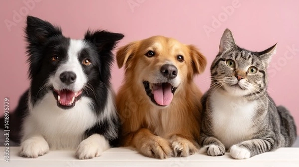 Fototapeta Three animals, a dog, a dog, and a cat, posed together