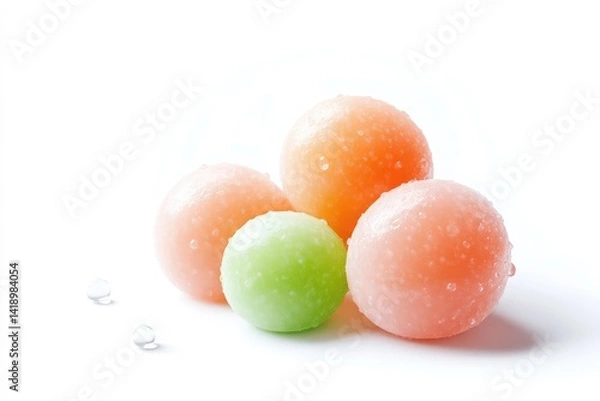 Fototapeta Colorful, glossy spheres, likely fruit-flavored candies or gummies, in various sizes and pastel shades,  arranged in a cluster.  A few water droplets are visible on the surface of each sphere