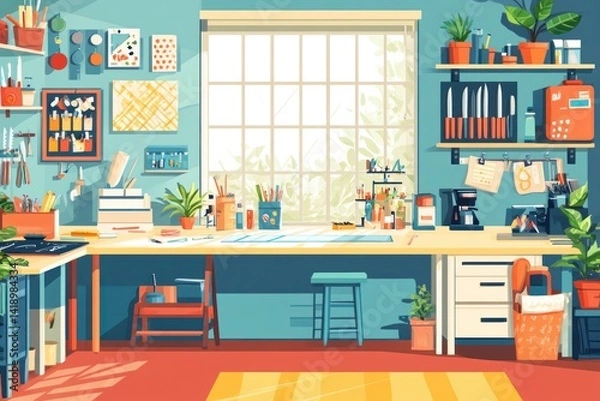 Fototapeta Sunlit art studio workspace with tools, supplies, and plants.