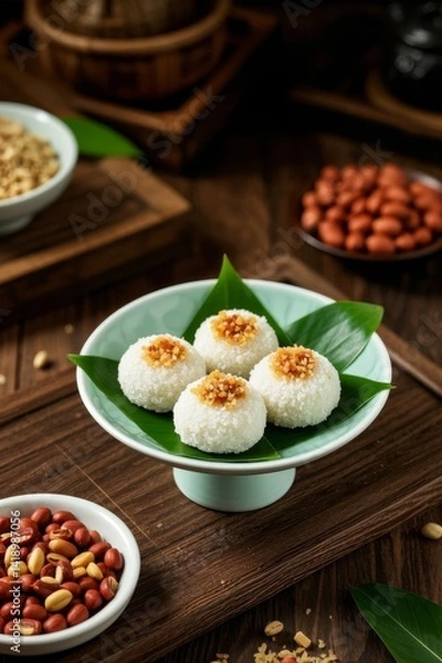 Fototapeta Soft, glutinous and sweet glutinous rice cake with small dots%A. Delicious glutinous rice cake decorated with chopped peanuts