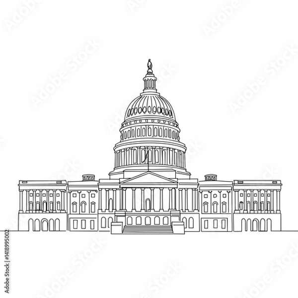 Fototapeta Line drawing of the United States Capitol building showcasing architectural details on a white background