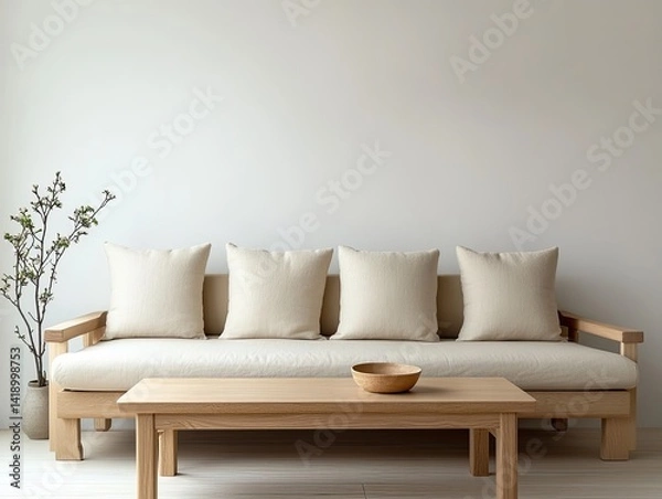 Fototapeta Light wood sofa with off-white cushions and matching coffee table in minimalist setting