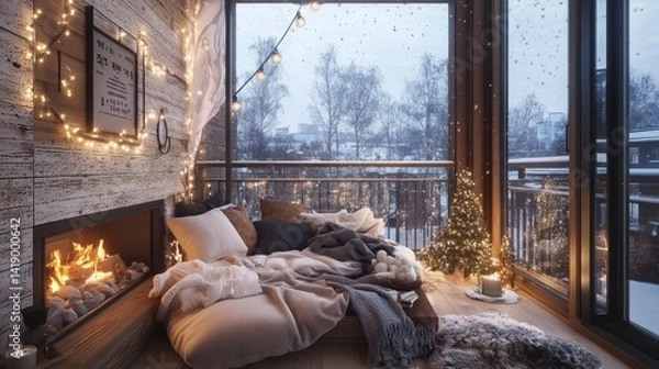 Fototapeta Cozy balcony retreat features a fireplace during a snowy winter day